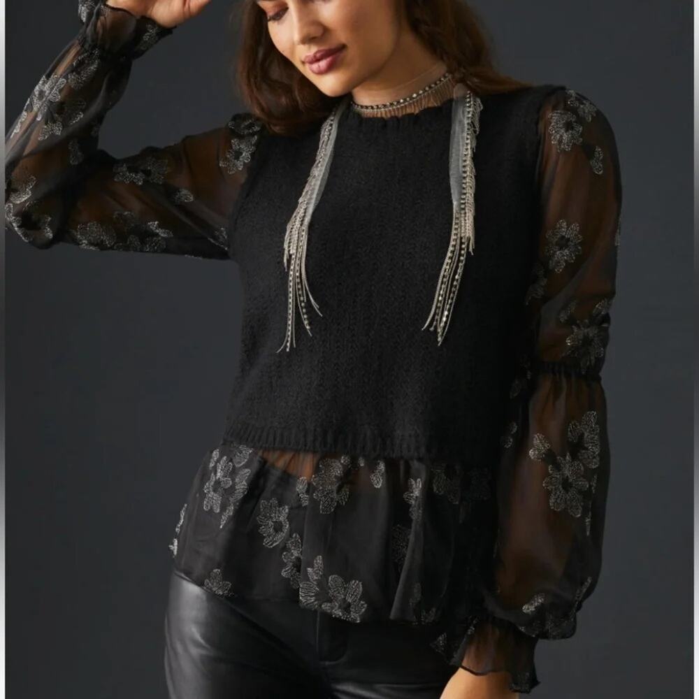 By Anthropologie Mixed Media Top Black Boucle Knit Sheer Floral Sleeve Sz SP
